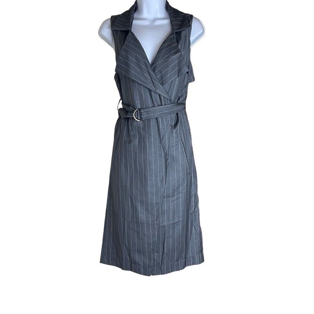 Mustard Seed‎ Womens Size Small Sleeveless Midi Dress Gray White Pinstripe NWT